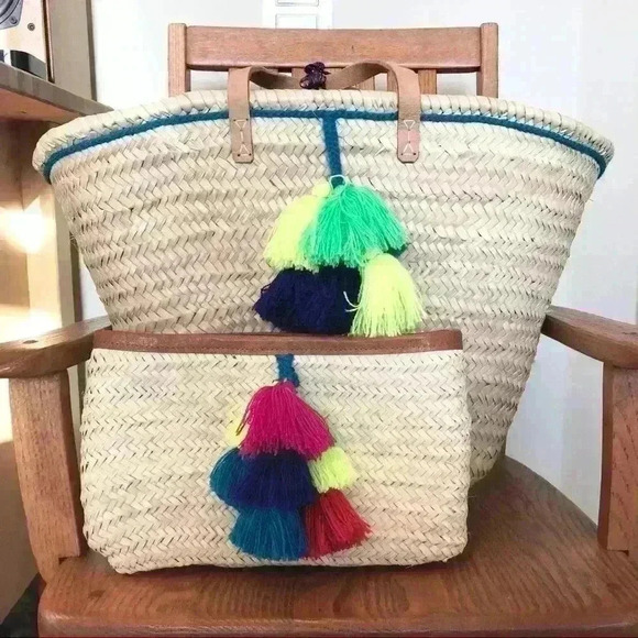 No Brand Handbags - Set of Large Boho Rafia Tote Bags 14x22 Matching Clutch 7x12 Multi Color Tassels